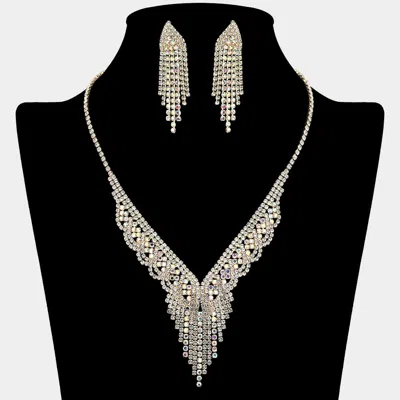 Fashnzfab Rhinestone Paved Fringe V Shaped Necklace In Blue