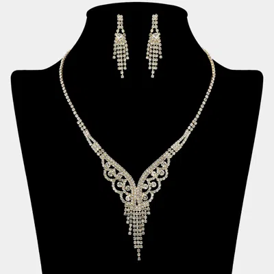 Fashnzfab Rhinestone Paved Fringe V Shaped Necklace In Gold