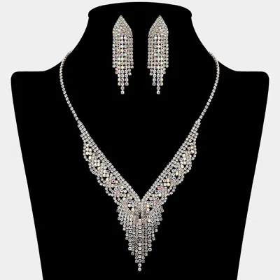 Fashnzfab Rhinestone Paved Fringe V Shaped Necklace In Metallic