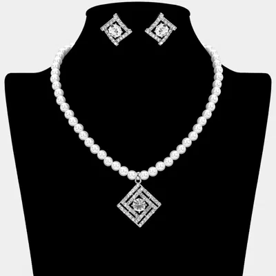 Fashnzfab Rhinestone Paved Geometric Square Pendant Pearl Necklace In Metallic