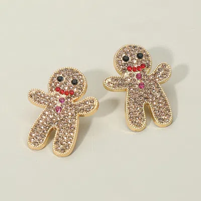 Fashnzfab Rhinestone Paved Gingerbread Man Earrings In Gold