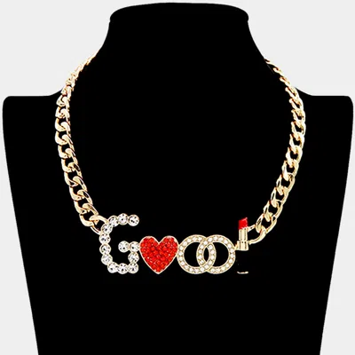 Fashnzfab Rhinestone Paved Good Message Necklace In Red