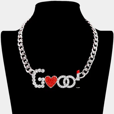 Fashnzfab Rhinestone Paved Good Message Necklace In Red