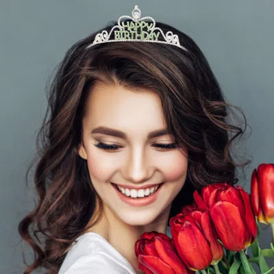 Fashnzfab Rhinestone Paved Happy Birthday Message Princess Tiara In Green