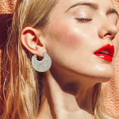 Fashnzfab Rhinestone Paved Hoop Pin Catch Earrings In Metallic