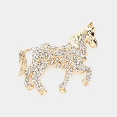 Fashnzfab Rhinestone Paved Horse Pin Brooch In Gold