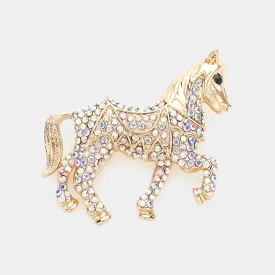 Fashnzfab Rhinestone Paved Horse Pin Brooch In Gold