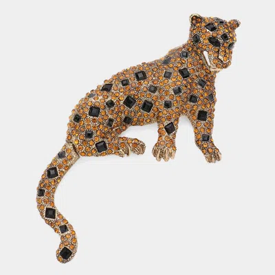 Fashnzfab Rhinestone Paved Jaguar Pin Brooch In Brown