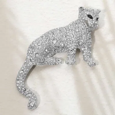Fashnzfab Rhinestone Paved Jaguar Pin Brooch In Silver
