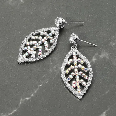 Fashnzfab Rhinestone Paved Leaf Dangle Evening Earrings - Ab, Silver In Metallic