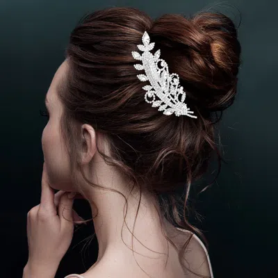 Fashnzfab Rhinestone Paved Leaf Hair Comb In Brown