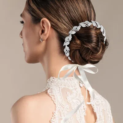 Fashnzfab Rhinestone Paved Leaf Vine Wrap Headpiece In Silver