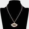 Fashnzfab Rhinestone Paved Lip Pendant Necklace 18" L + 3" L In Gold