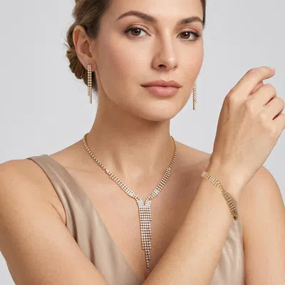 Fashnzfab Rhinestone Paved Long Fringe Jewelry Set In Gold