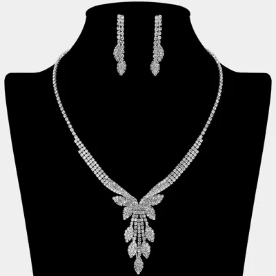 Fashnzfab Rhinestone Paved Marquise Leaf Drop Necklace In Silver