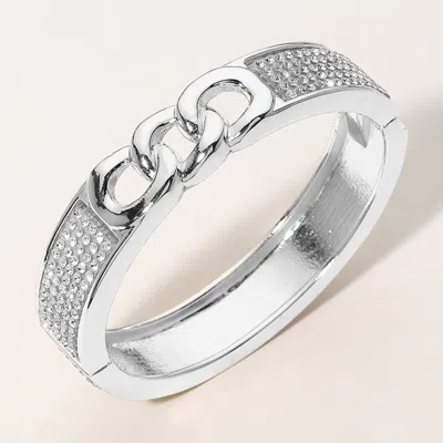 Fashnzfab Rhinestone Paved Metal Chain Link Pointed Hinged Bangle Bracelet Clear, Rhodium In Metallic