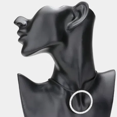 Fashnzfab Rhinestone Paved Open Circle Pendant Faux Leather Choker Necklace In Metallic