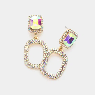 Fashnzfab Rhinestone Paved Open Rectangle Dangle Evening Earrings - Ab, Gold
