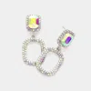 Fashnzfab Rhinestone Paved Open Rectangle Dangle Evening Earrings - Ab, Silver In Metallic