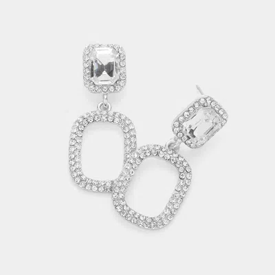 Fashnzfab Rhinestone Paved Open Rectangle Dangle Evening Earrings - Clear, Silver