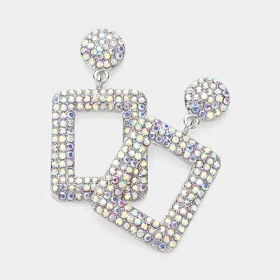 Fashnzfab Rhinestone Paved Open Square Dangle Evening Earrings - Ab, Rhodium In Silver