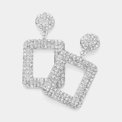 Fashnzfab Rhinestone Paved Open Square Dangle Evening Earrings - Clear, Rhodium In Metallic