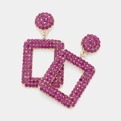 Fashnzfab Rhinestone Paved Open Square Dangle Evening Earrings - Fuchsia, Gold In Pink