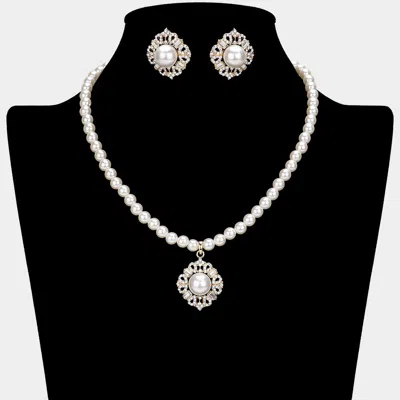 Fashnzfab Rhinestone Paved Pearl Pendant Necklace In White