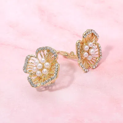 Fashnzfab Rhinestone Paved Rim Open Petal Pearl Cluster Evening Clip On Earrings - Cream, Gold In Multi