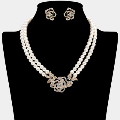 Fashnzfab Rhinestone Paved Rose Pendant Double Layered Pearl Necklace - Cream, Gold In Multi