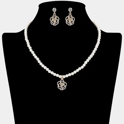 Fashnzfab Rhinestone Paved Rose Pendant Pearl Necklace In Gold