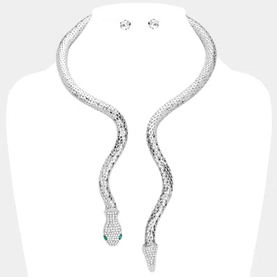 Fashnzfab Rhinestone Paved Snake Shimmering Metal Choker Necklace In Silver