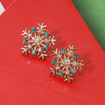 Fashnzfab Rhinestone Paved Snowflake Stud Earrings - Blue, Gold In Metallic