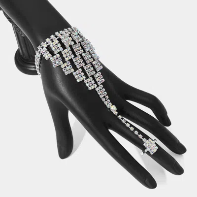 Fashnzfab Rhinestone Paved Square Pointed Hand Chain Evening Bracelet Ab, Silver In Metallic