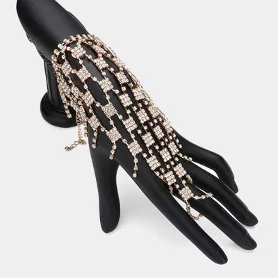 Fashnzfab Rhinestone Paved Square Pointed Hand Chain Evening Bracelet Gold