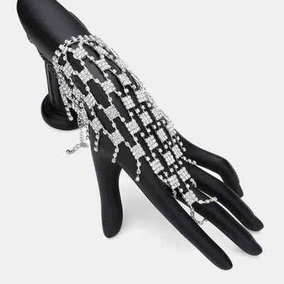 Fashnzfab Rhinestone Paved Square Pointed Hand Chain Evening Bracelet Silver