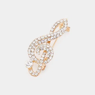 Fashnzfab Rhinestone Paved Treble Clef Pin Brooch In Gold