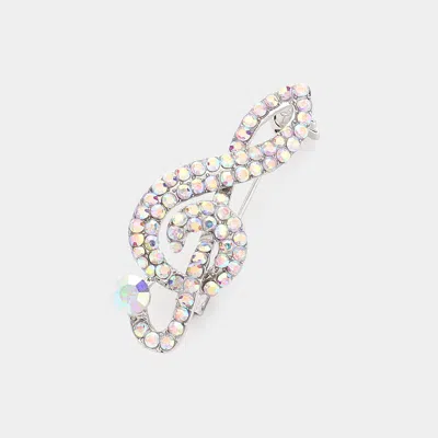 Fashnzfab Rhinestone Paved Treble Clef Pin Brooch In Silver