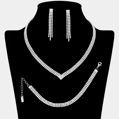 Fashnzfab Rhinestone Paved V Shaped Necklace Jewelry Set In Silver