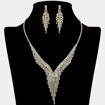 Fashnzfab Rhinestone Paved Waterfall Fringe V Shaped Necklace In Gold