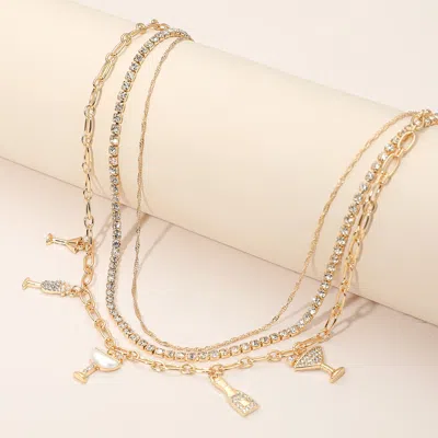 Fashnzfab Rhinestone Pearl Embellished Drink-themed Charm Station Layered Chain Necklace - Clear, Gold In Multi