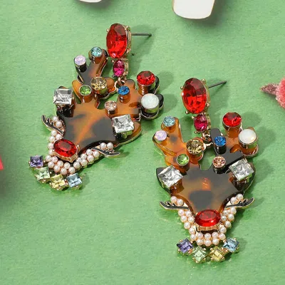 Fashnzfab Rhinestone Pearl Embellished Resin Reindeer Dangle Earrings In Multi