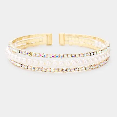 Fashnzfab Rhinestone Pearl Evening Cuff Bracelet Cream, Gold In Multi