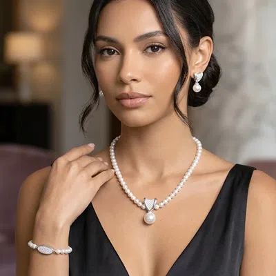 Fashnzfab Rhinestone Pearl Jewelry Set In Silver
