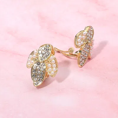 Fashnzfab Rhinestone Pearl Paved Leaf Evening Clip On Earrings - Cream, Gold In Multi