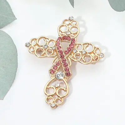 Fashnzfab Rhinestone Pink Awareness Ribbon Filigree Cross Pin Brooch In Gold