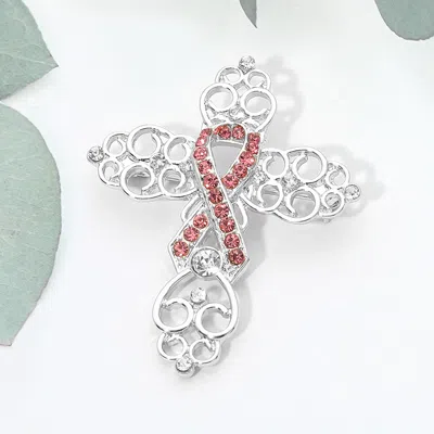 Fashnzfab Rhinestone Pink Awareness Ribbon Filigree Cross Pin Brooch In Silver