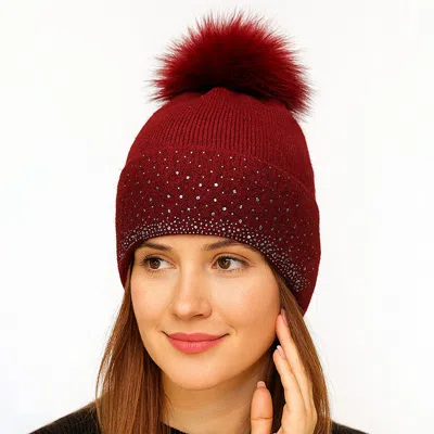 Fashnzfab Rhinestone Ribbed Knit Real Fur Pom Winter Beanie Hat In Red