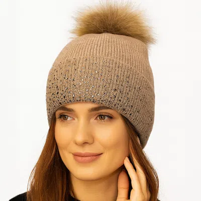 Fashnzfab Rhinestone Ribbed Knit Real Fur Pom Winter Beanie Hat In Sand