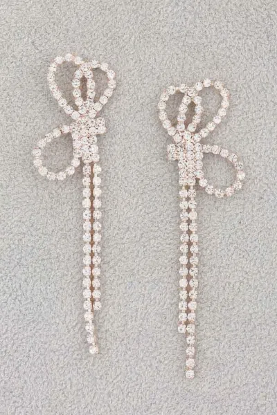 Fashnzfab Rhinestone Ribbon Earrings In Metallic